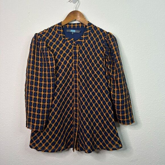 Eva Franco Anthropologie Top Blouse Blue Textured Plaid Puff Sleeve Size 12 - Picture 1 of 13